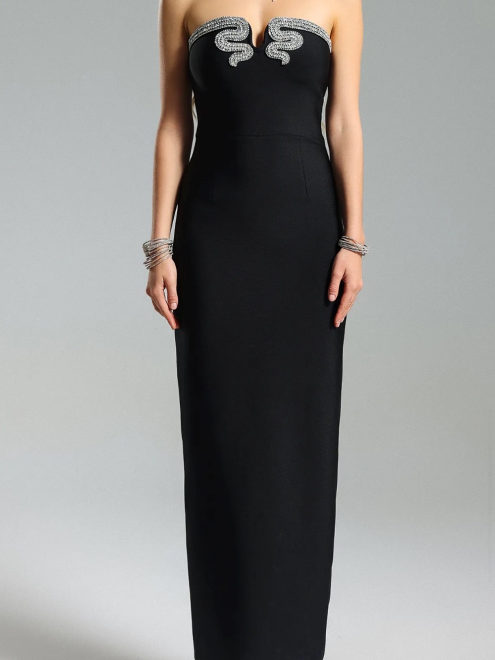 Strapless Black Evening Gown with Silver Embellished Neckline